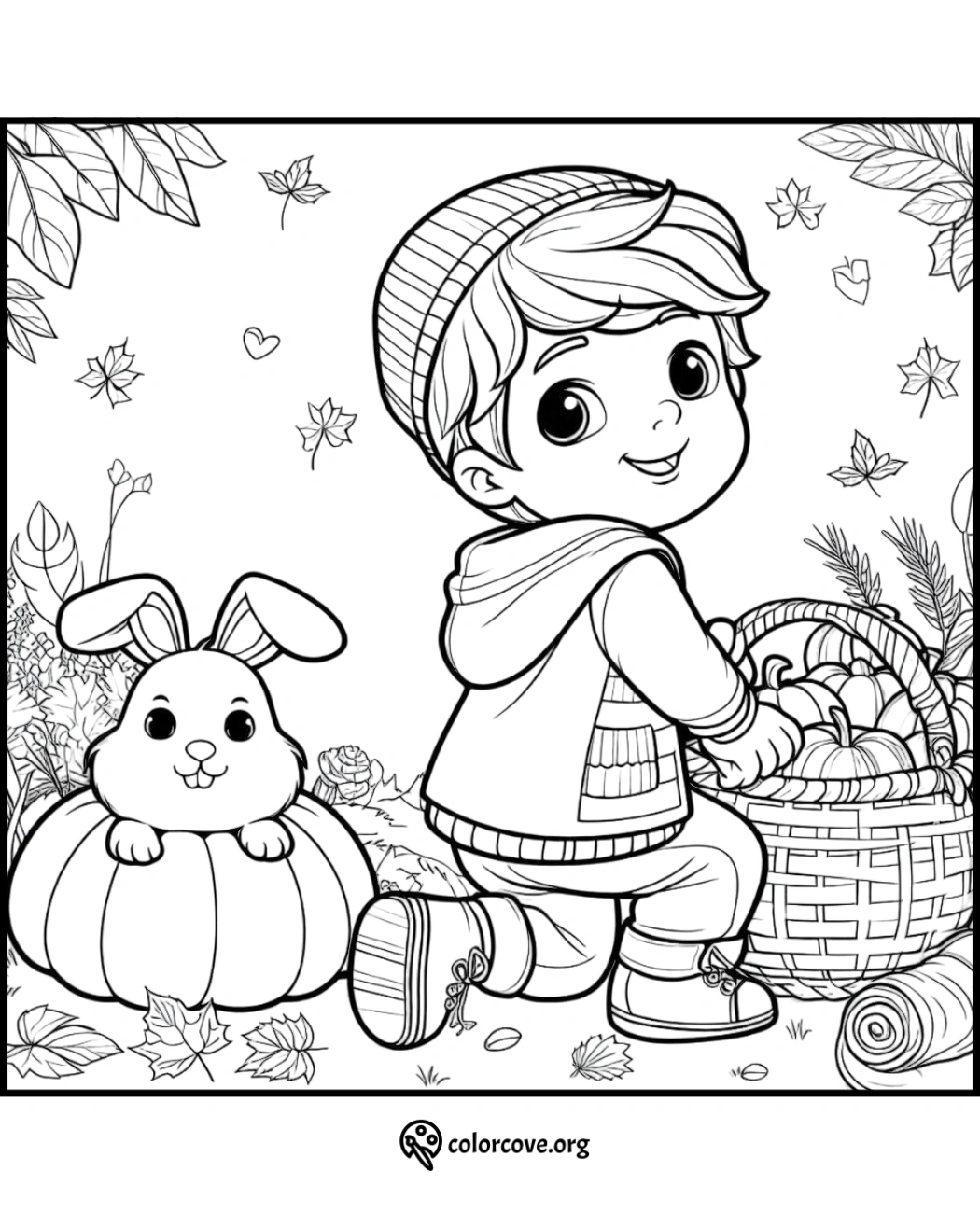 Child with basket of pumpkins and cute rabbit, autumn coloring page, leaves falling, kids activity, harvest theme.