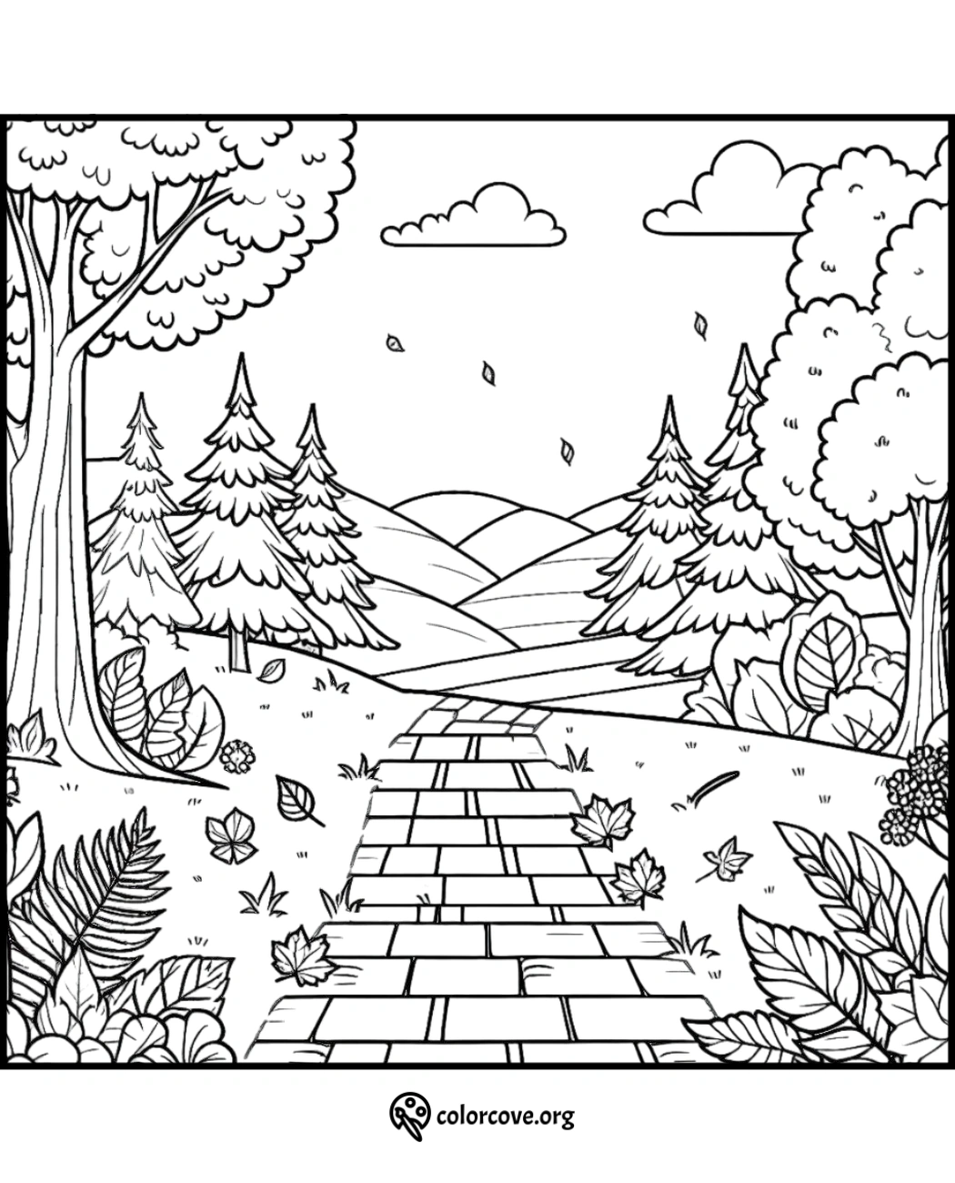 Coloring page of a forest path surrounded by trees and foliage with a scenic mountain landscape in the background.