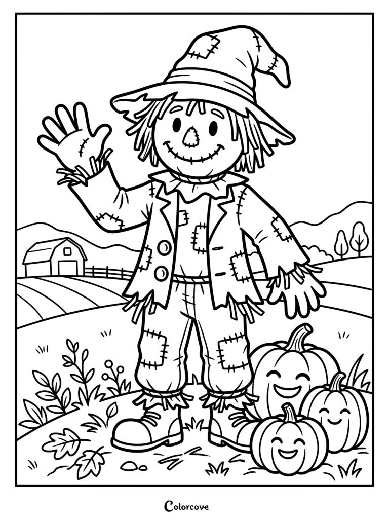 A friendly scarecrow waving in a pumpkin patch, featured in this Fall Coloring Pages Free Printable 22 design.
