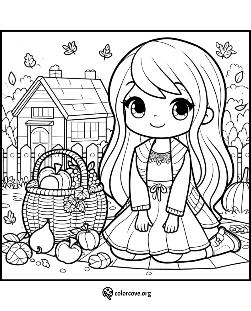 Cute girl with long hair in front of a cozy house in autumn, surrounded by falling leaves, pumpkins, and a basket of harvest.