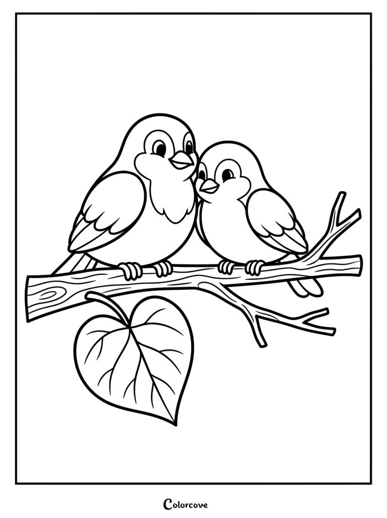 Two cute birds perched together on a tree branch with a large leaf in this Fall Coloring Pages Free Printable 23 coloring page.