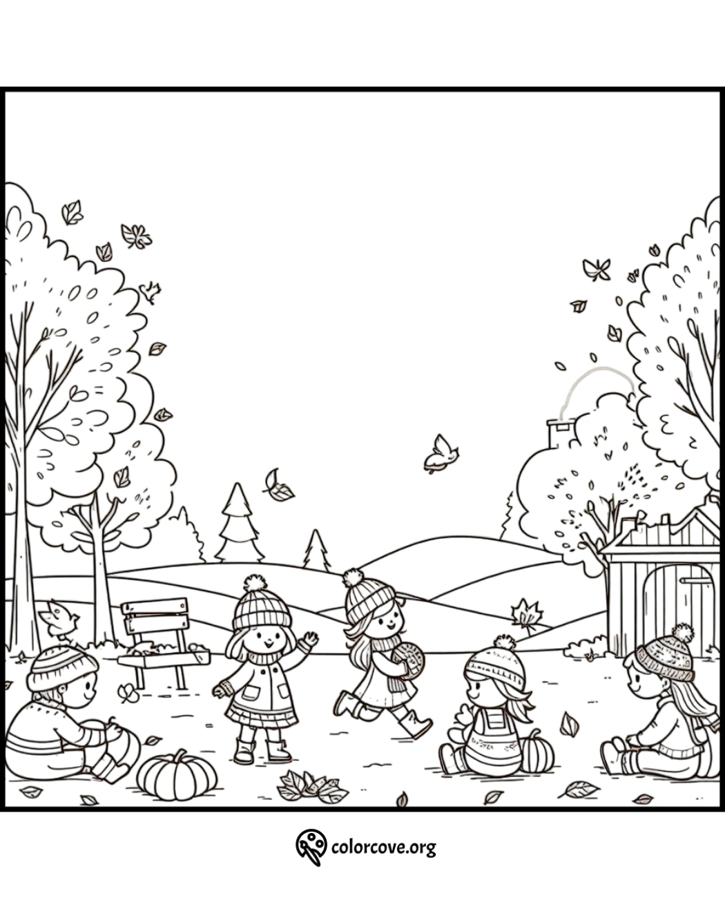 Children playing outdoors in an autumn-themed coloring page with pumpkins and falling leaves. Downloadable at colorcove.org.