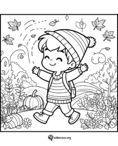 Happy child with backpack enjoying autumn walk in nature, surrounded by falling leaves and pumpkins. Coloring page for kids.