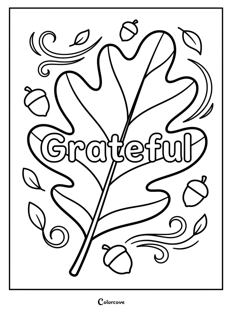 A Grateful oak leaf coloring page surrounded by falling acorns and swirling autumn wind patterns.