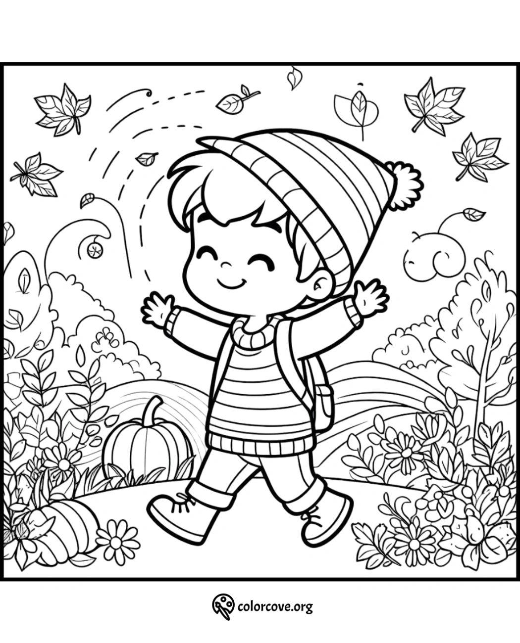 Happy child with backpack enjoying autumn walk in nature, surrounded by falling leaves and pumpkins. Coloring page for kids.