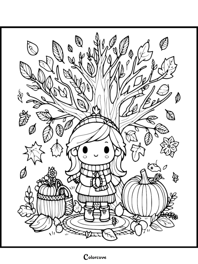 A cute girl in a winter hat and scarf standing under a large autumn tree with falling leaves, surrounded by pumpkins and a basket, in this free printable coloring page.