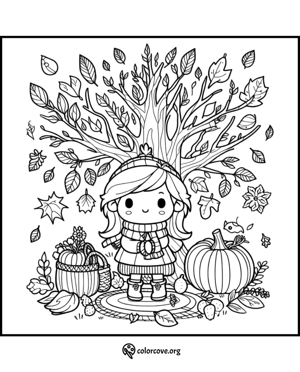 Cute autumn-themed coloring page with a girl, leaves, pumpkin, and a basket of harvest items for kids to color.