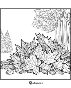 Coloring page featuring a detailed autumn forest scene with fallen leaves and various trees in a natural setting.