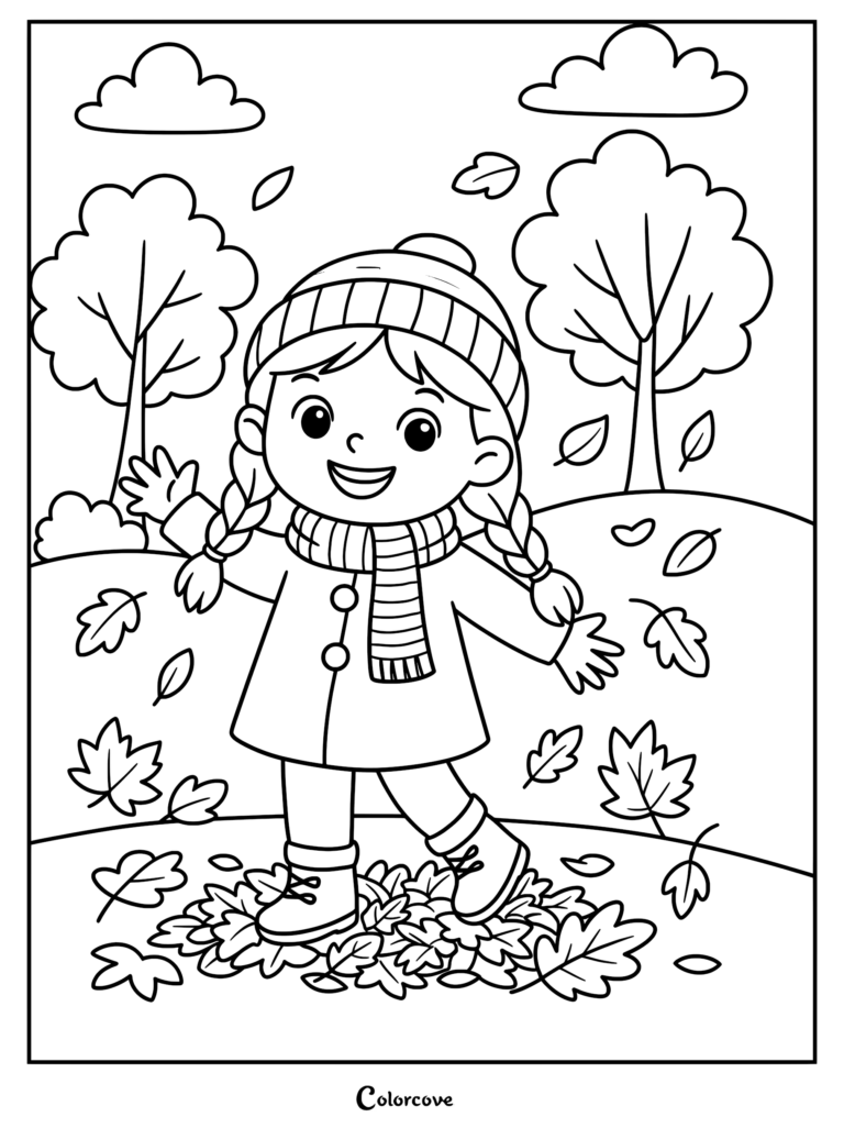 A girl with braided hair wearing a beanie and scarf standing in a pile of autumn leaves, featured in a cozy fall coloring page.