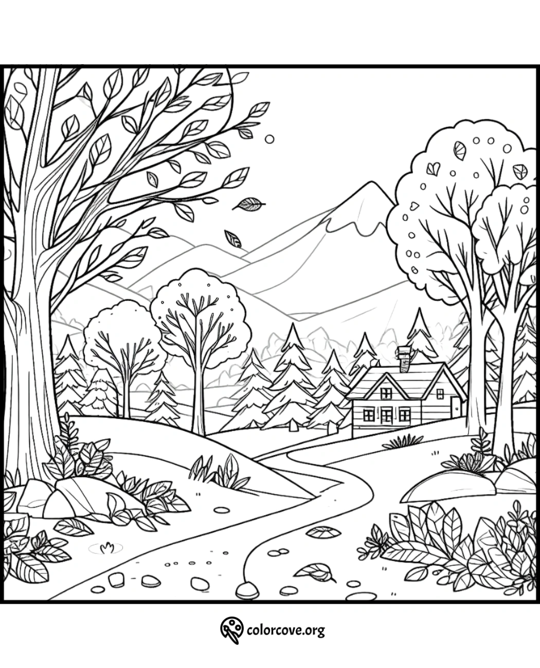 Coloring page featuring a serene mountain landscape with a cozy cabin, trees, a winding path, and falling leaves.