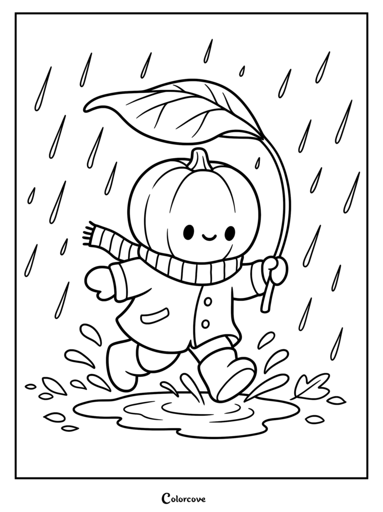 A cute pumpkin-headed character wearing a scarf and raincoat jumping in a puddle while holding a large leaf as an umbrella in this free printable fall coloring page.