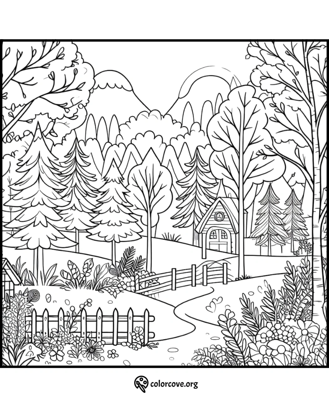 Coloring page of a charming forest scene with a cottage, trees, fence, and flowers. Perfect for kids’ creative activities.