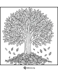 Tree coloring page with intricate leaves, inviting creativity and relaxation for kids and adults.