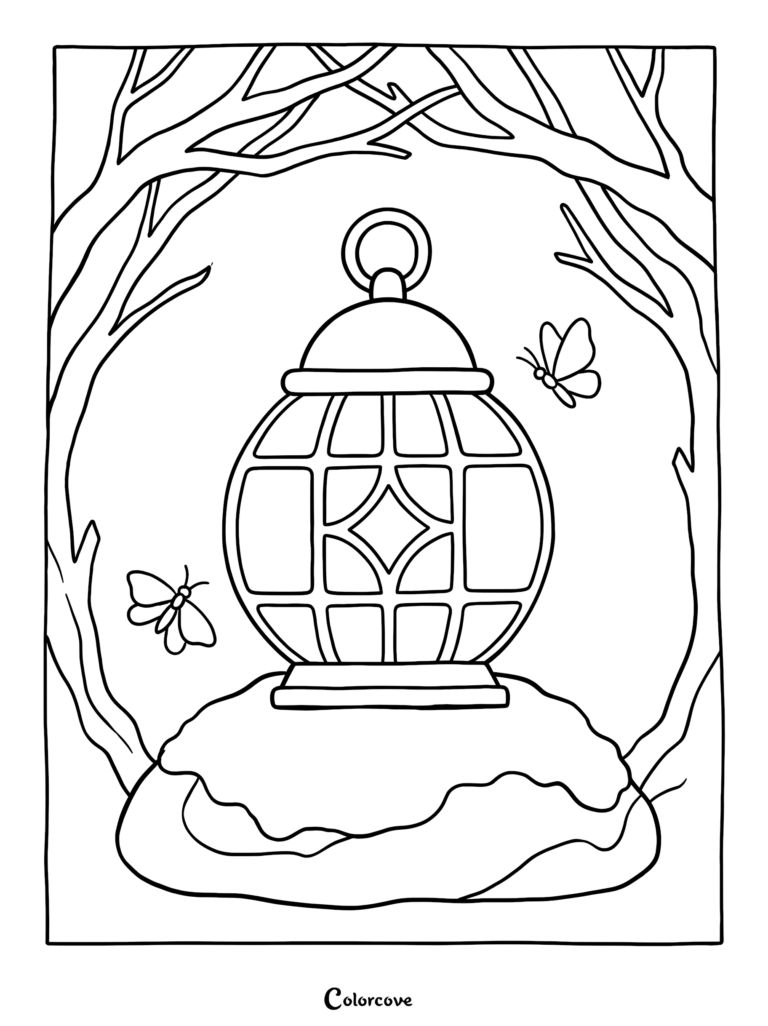 A printable fall coloring page featuring a decorative lantern sitting on a mossy mound surrounded by bare autumn tree branches and two butterflies.