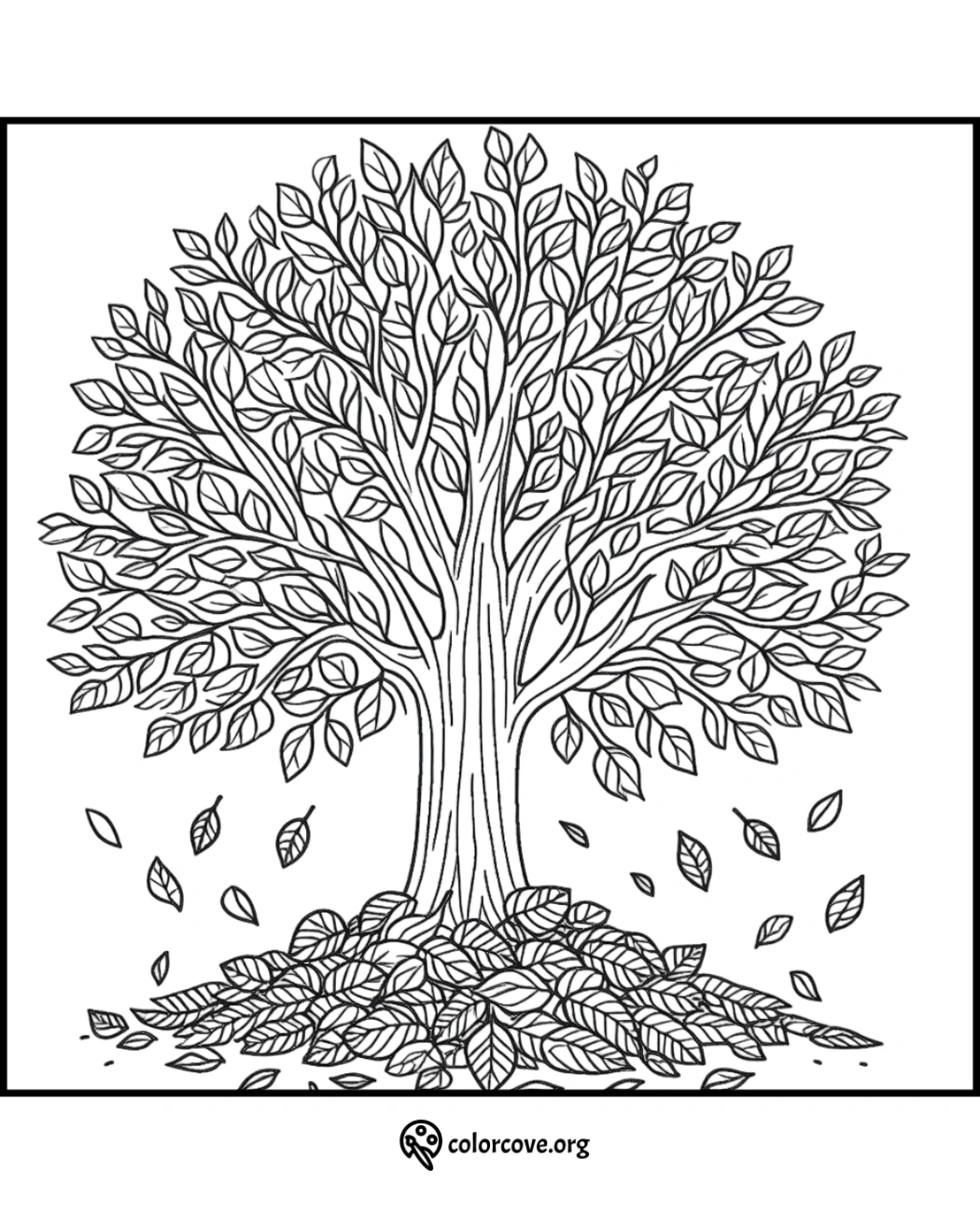 Tree coloring page with intricate leaves, inviting creativity and relaxation for kids and adults.