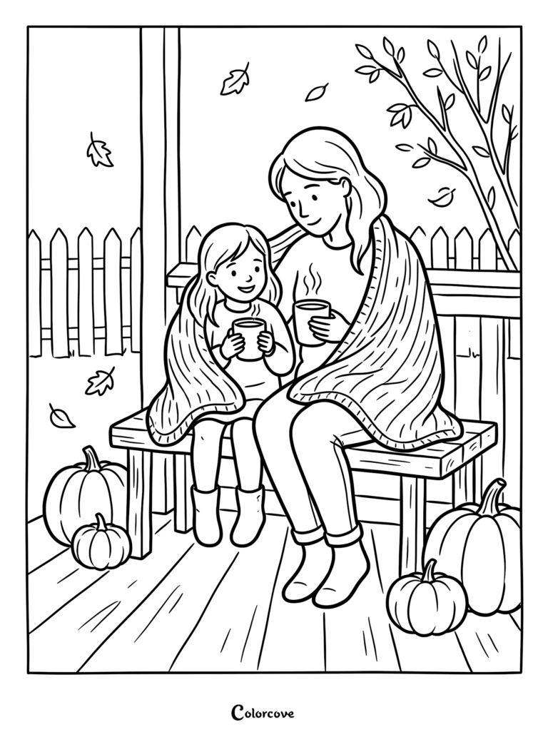 A mother and daughter sharing a blanket and hot cocoa on a porch in this cozy fall coloring page with pumpkins and falling leaves.