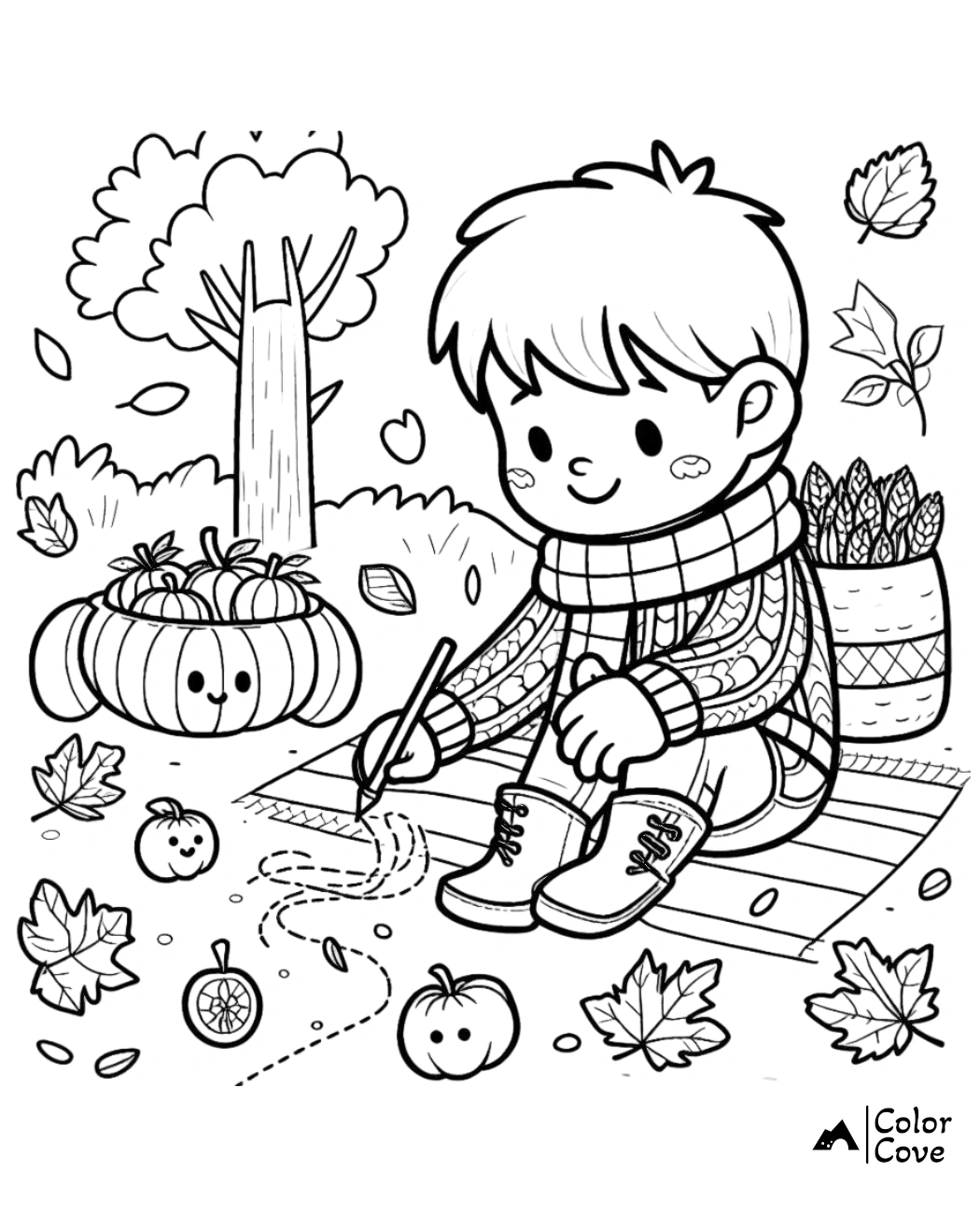 Child coloring in an autumn scene with pumpkins, leaves, and a tree. Cozy fall coloring page for kids.