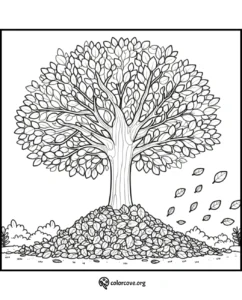 Coloring page of a detailed tree with a large pile of fallen leaves around its trunk and some leaves blowing away.