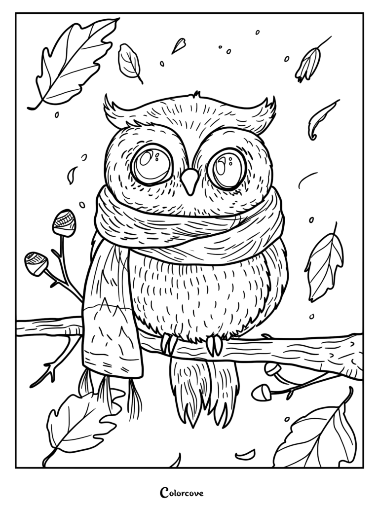 A cute owl wearing a scarf perched on a branch surrounded by falling autumn leaves in this printable coloring page.