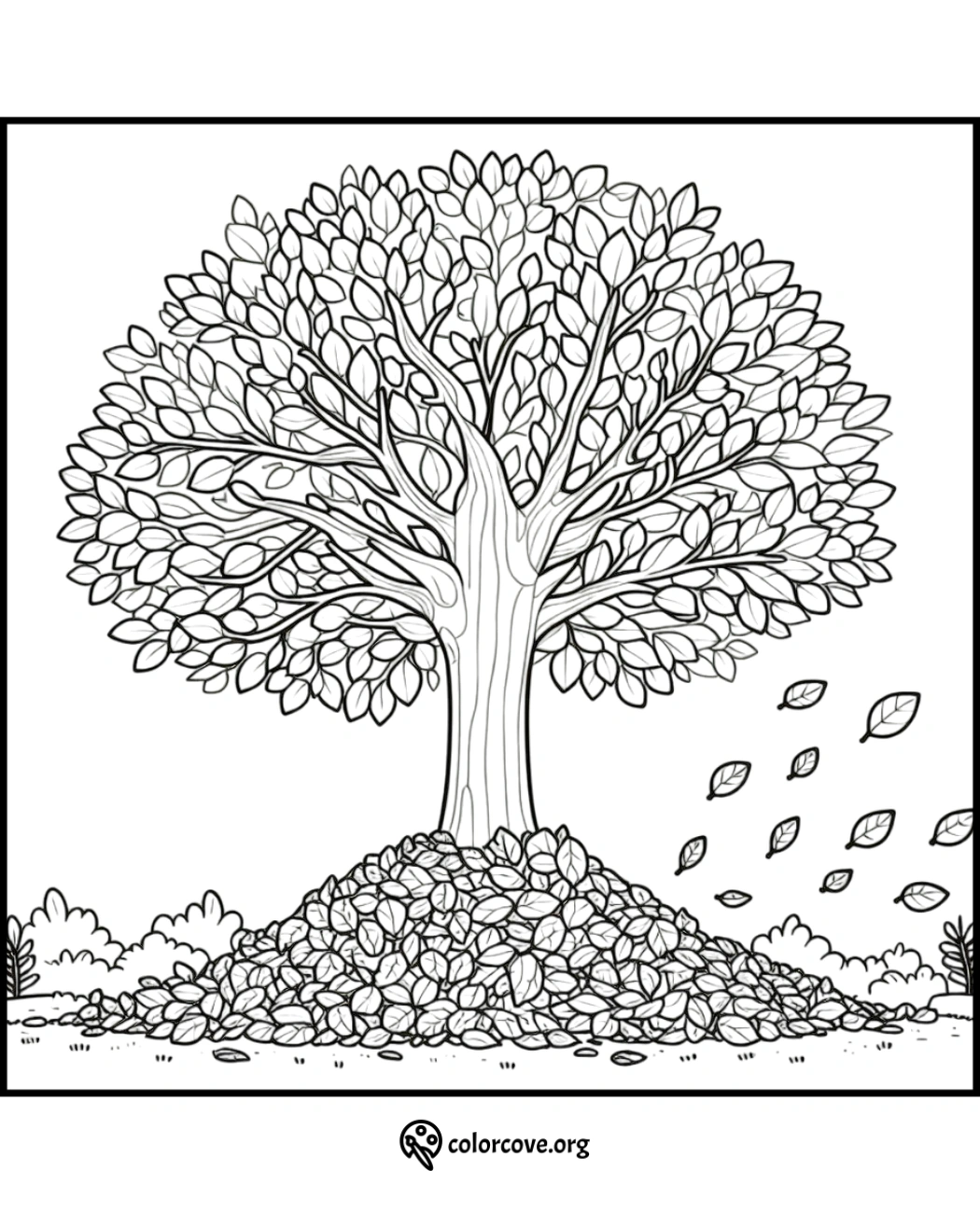 Coloring page of a detailed tree with a large pile of fallen leaves around its trunk and some leaves blowing away.