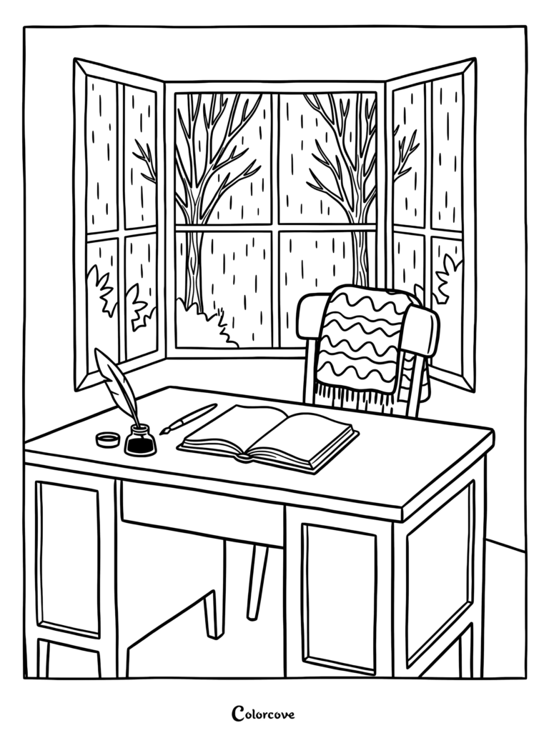 A cozy fall coloring page featuring a desk with an open book, inkwell, and quill, set before a bay window showing a rainy autumn scene with bare trees.