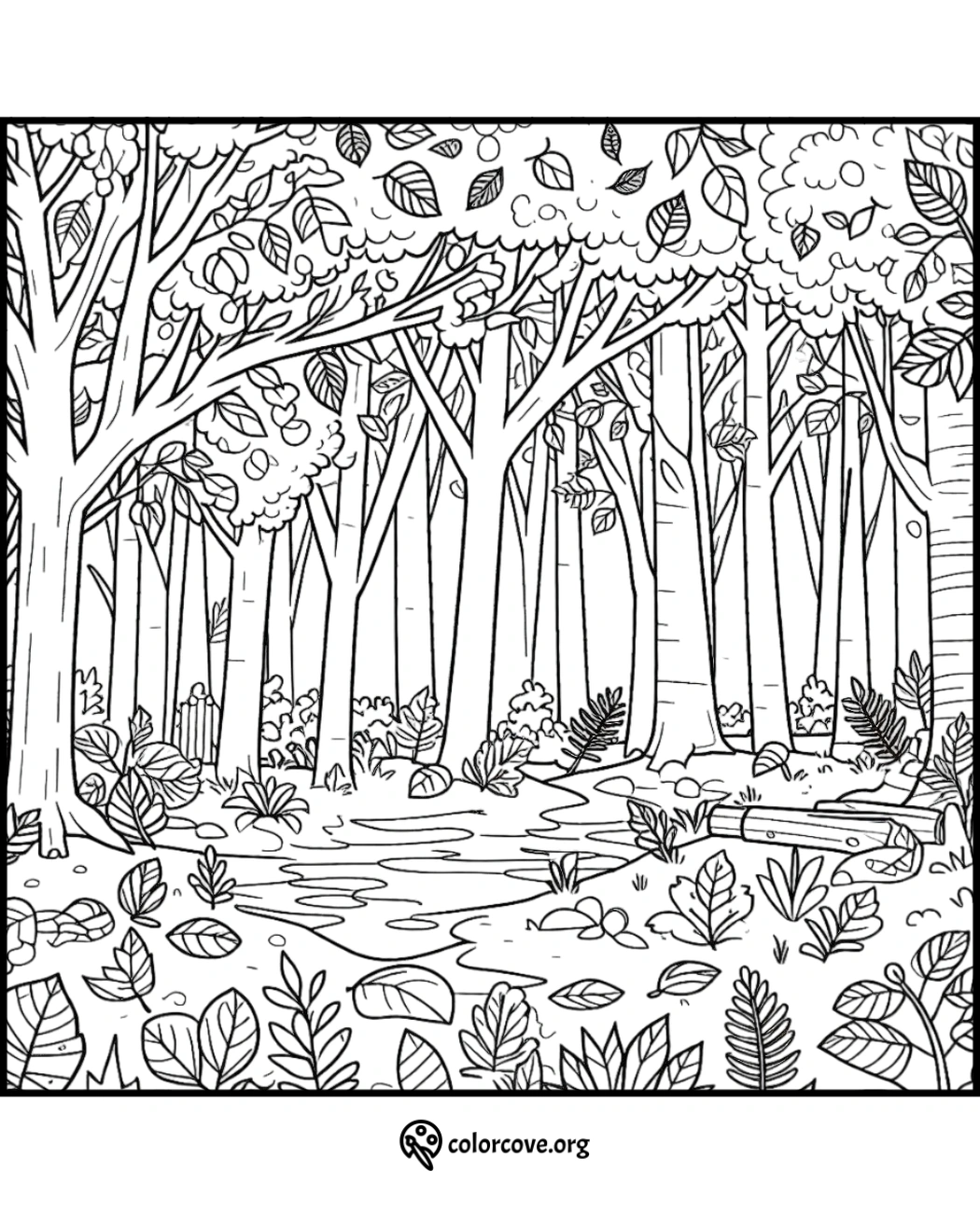 Coloring page featuring a detailed forest scene with trees, leaves, and a clear pathway. Ideal for relaxation and creativity.