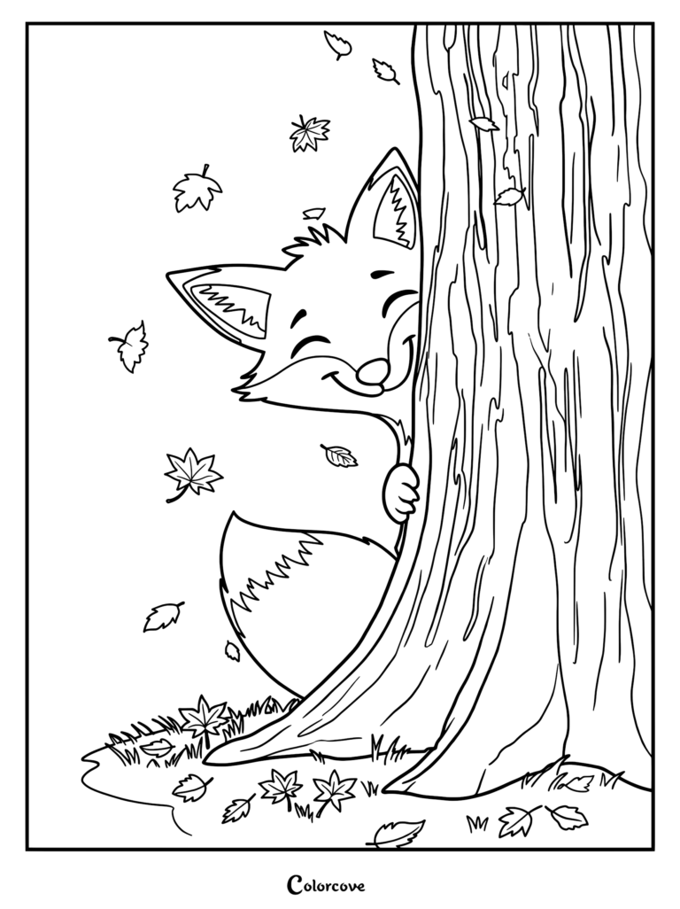 A happy fox peeking from behind a large tree trunk with falling autumn leaves in this free printable coloring page.