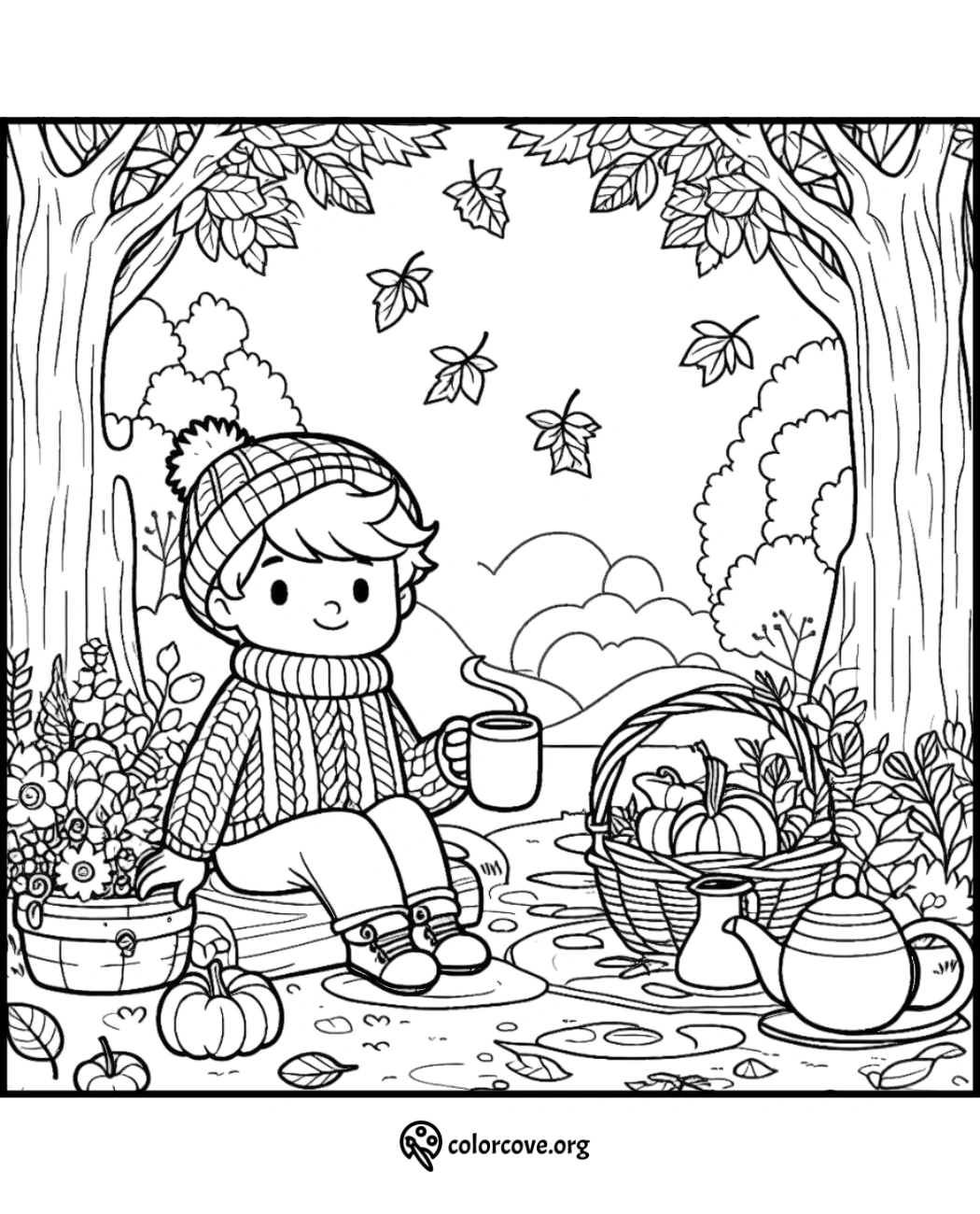 Child in sweater enjoying fall picnic under trees with leaves falling, holding mug, pumpkins, and picnic basket nearby. Free coloring page.