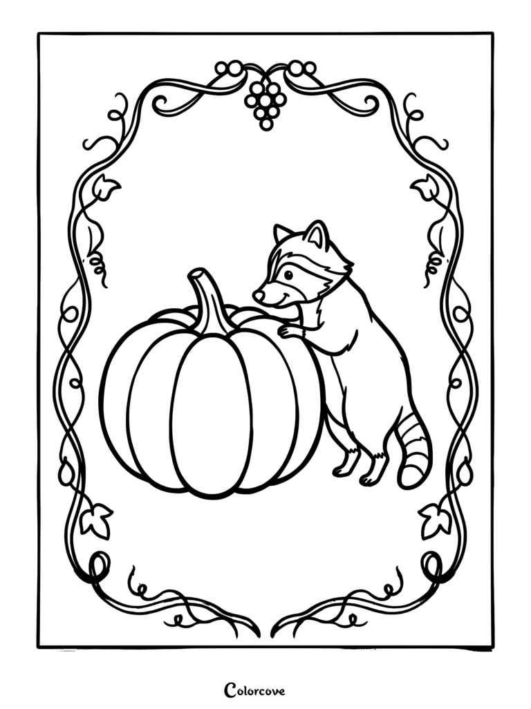 A cute raccoon standing next to a large pumpkin inside an ornate vine and grape border, printable fall coloring page.