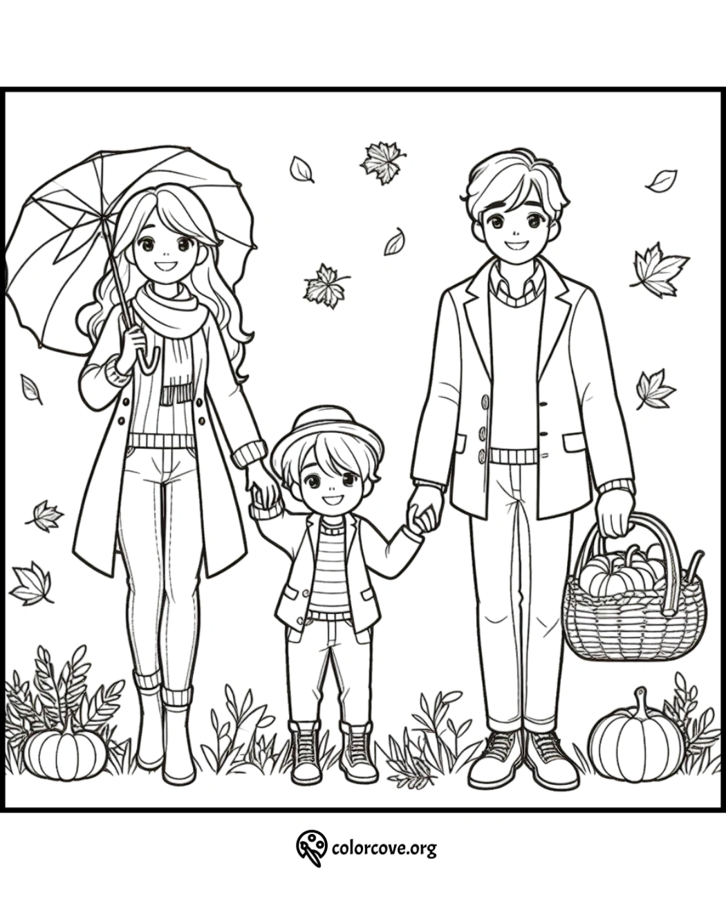 Family fall coloring page with parents holding child's hands and autumn leaves around. Printable autumn activity from colorcove.org.