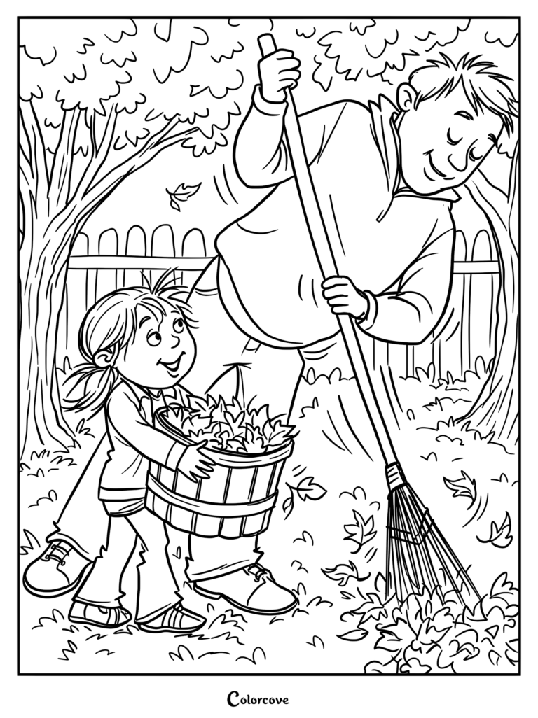 A father and daughter raking autumn leaves together in a backyard, printable coloring page.