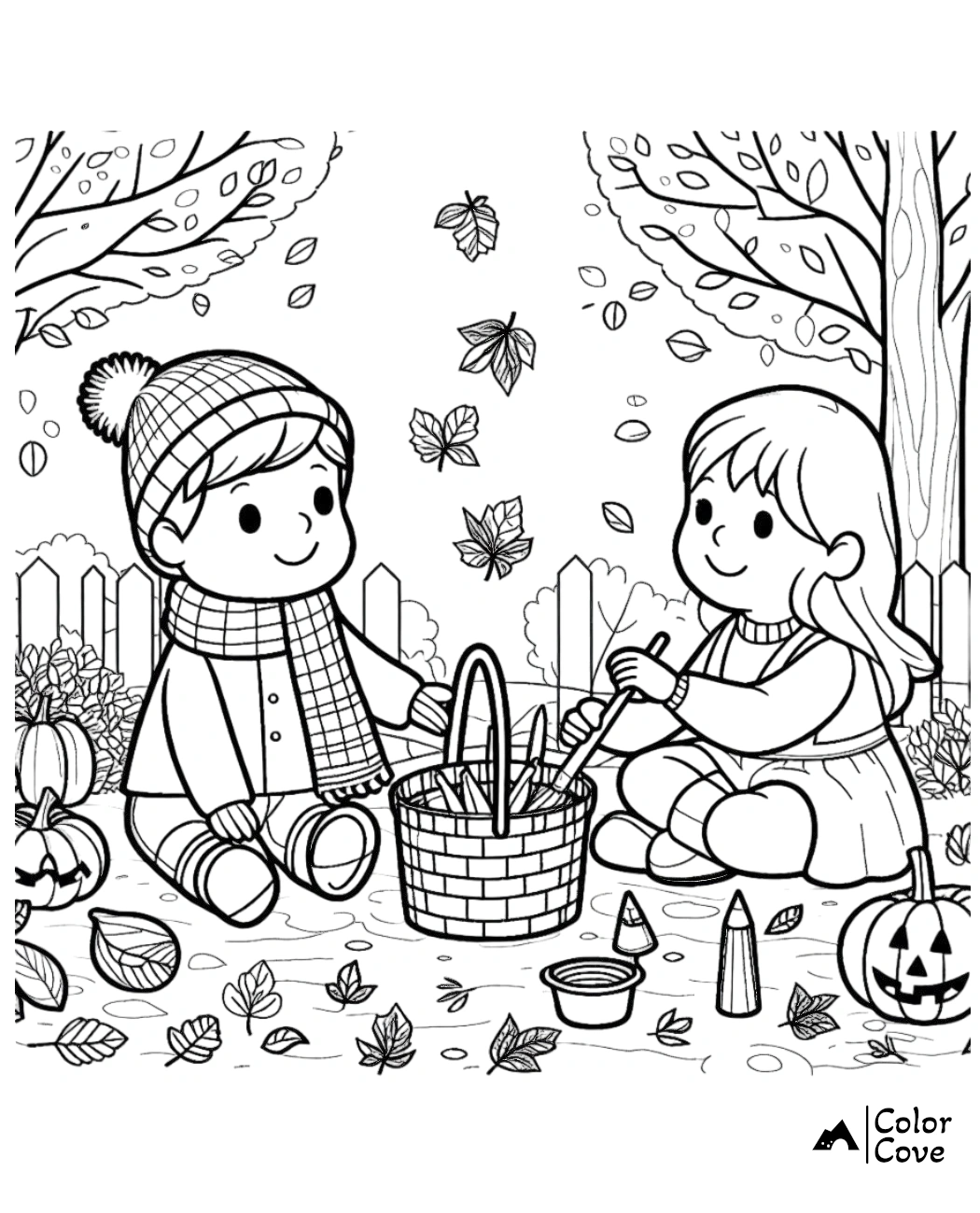 Children coloring autumn scene with pumpkins, leaves, and a basket of crayons under trees. Halloween coloring page.