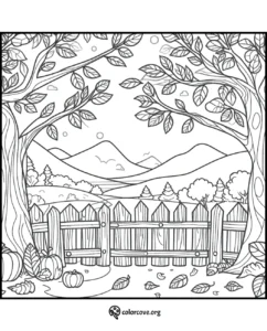 Autumn coloring page featuring trees with leaves, pumpkins, and a fence with hills and clouds in the background.