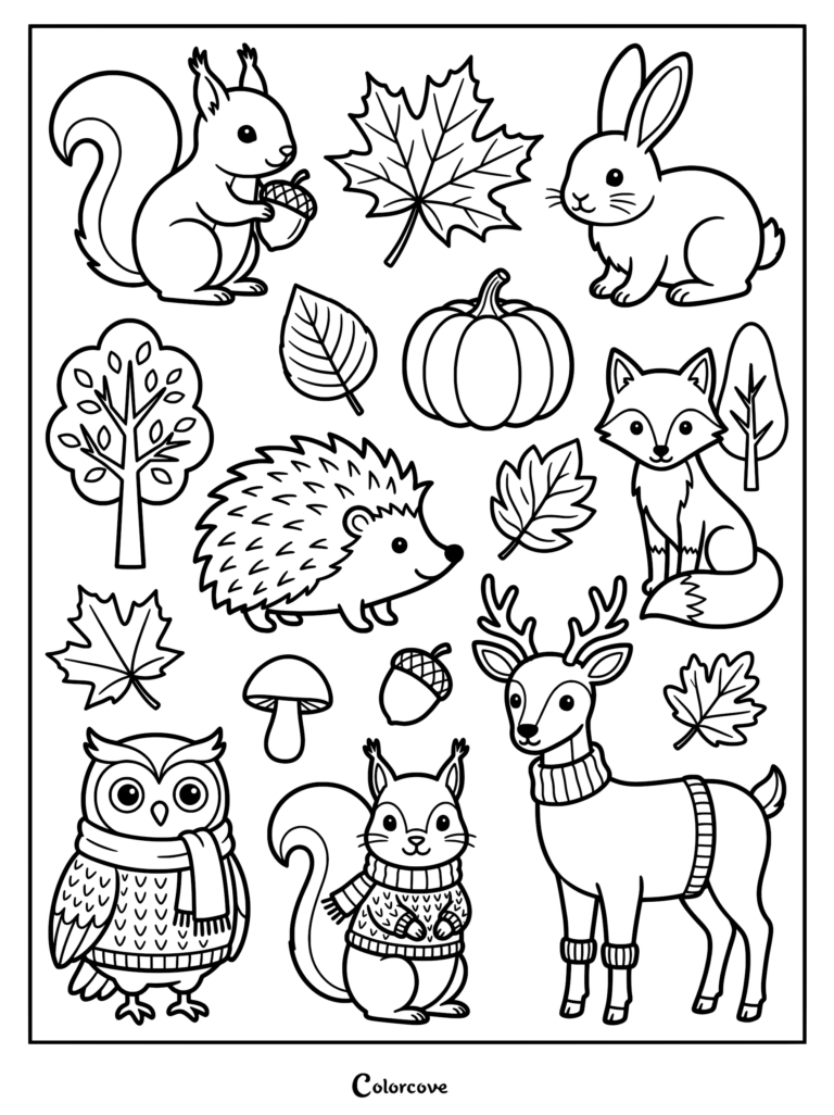 Cute forest animals and autumn elements in a cozy scene.