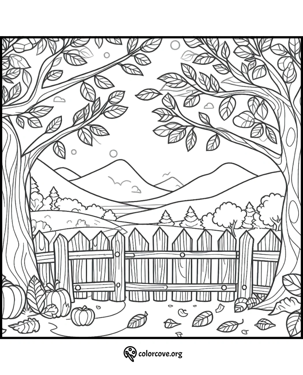 Autumn coloring page featuring trees with leaves, pumpkins, and a fence with hills and clouds in the background.