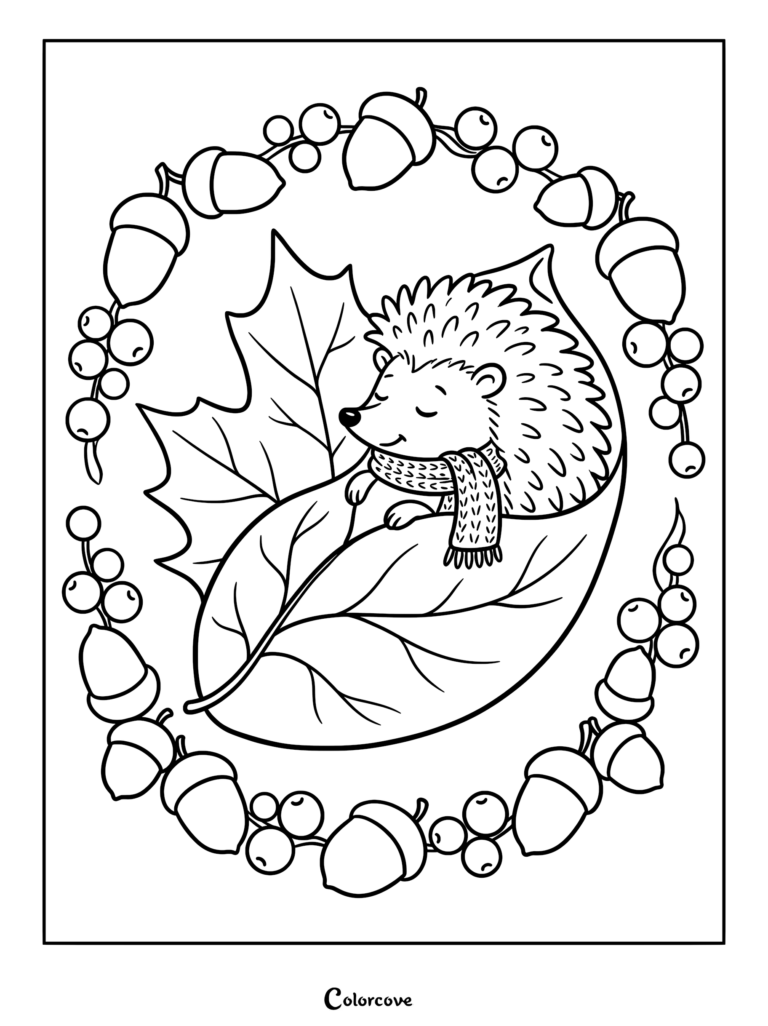 A cute hedgehog wearing a scarf resting on a large autumn leaf inside a wreath of acorns and berries coloring page.