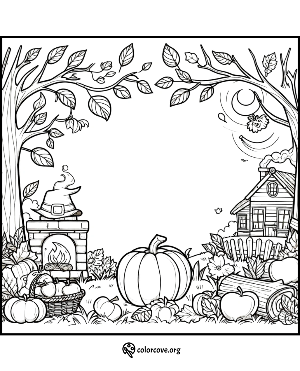 Coloring page featuring a fall scene with pumpkins, baskets, a house, and trees, perfect for kids and adults.