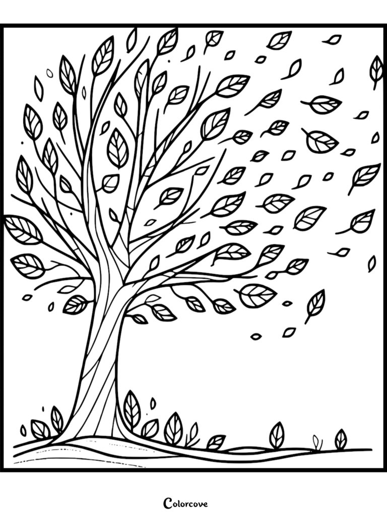 A cozy fall coloring page featuring a large tree with leaves blowing in the wind.