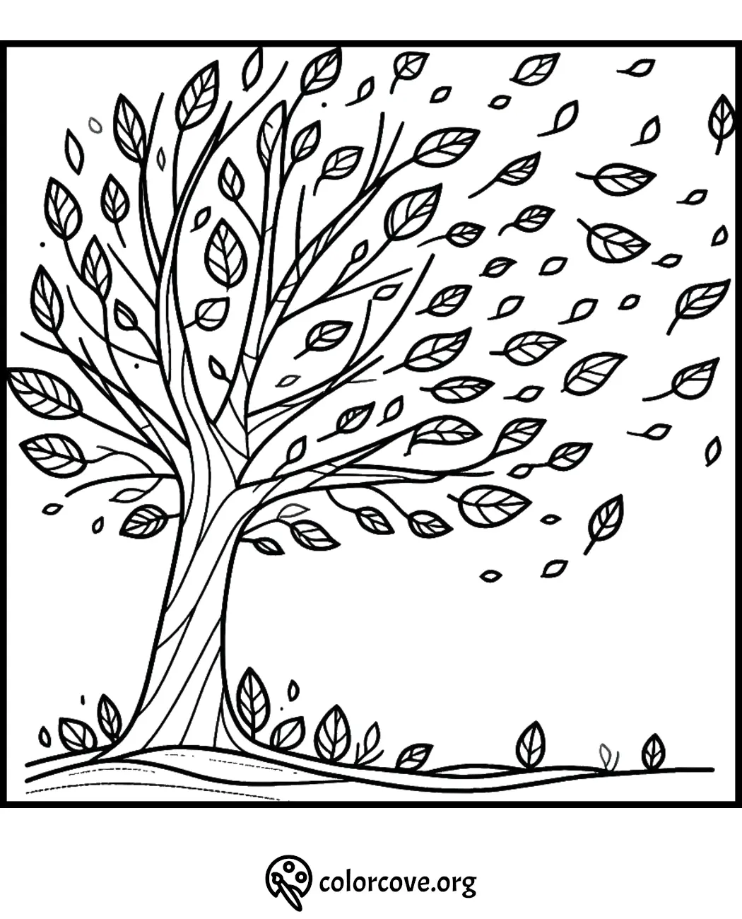 Coloring page with an intricate tree design featuring numerous leaves blowing in the wind, available on colorcove.org.