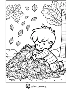 Child playing in a pile of leaves coloring page, featuring autumn foliage and trees. Provided by colorcove.org.