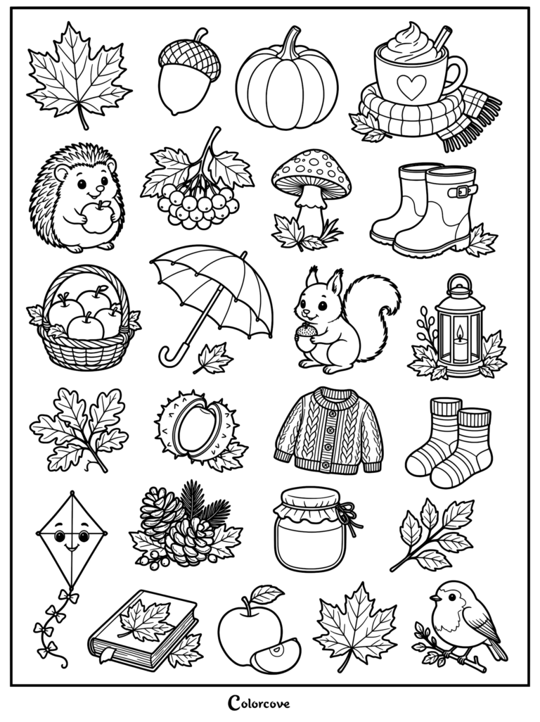 A collection of cozy fall icons including a hedgehog, squirrel, pumpkin, hot cocoa, and autumn leaves in a printable coloring page format.