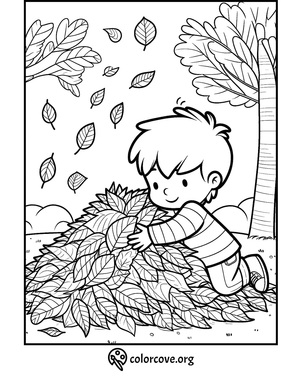 Child playing in a pile of leaves coloring page, featuring autumn foliage and trees. Provided by colorcove.org.