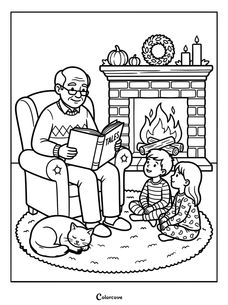A grandfather reading a book to two children by a fireplace in this cozy fall coloring page, with a sleeping cat on the rug.