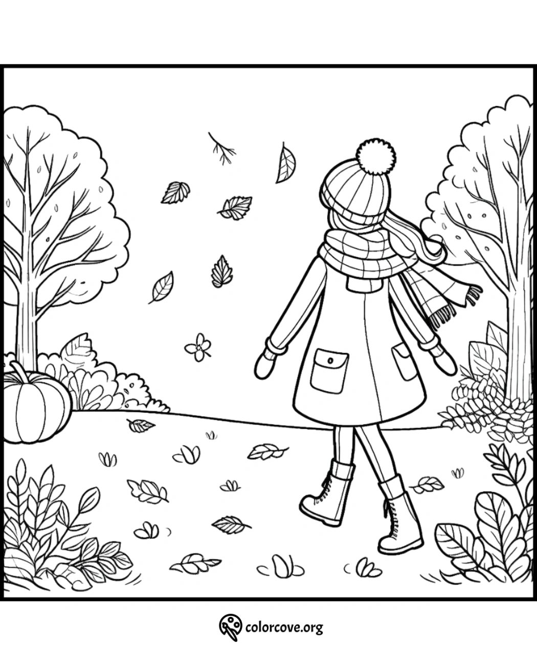 Autumn coloring page of a girl in a coat and hat enjoying falling leaves in a forest. Great for kids' seasonal activities.