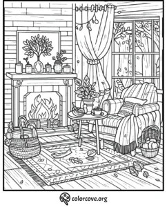 Cozy autumn-themed coloring page with a fireplace, armchair, table, and fall leaves scattered around.