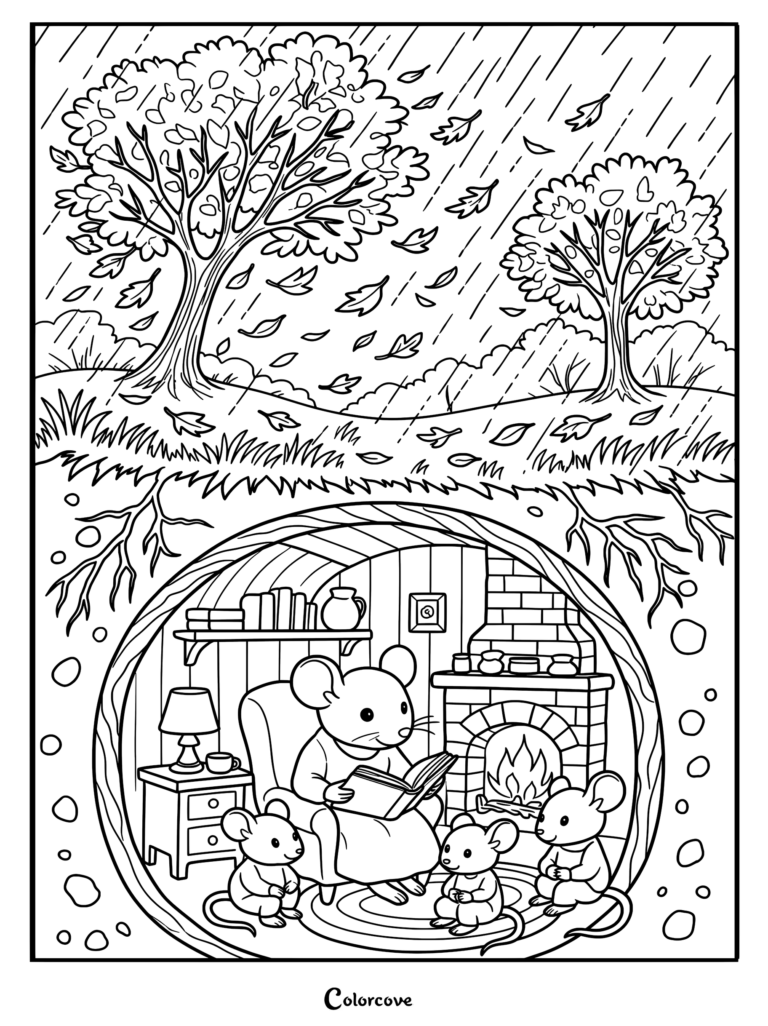 A cozy mouse family reading a book in an underground burrow while it rains outside, featured in this fall coloring page.