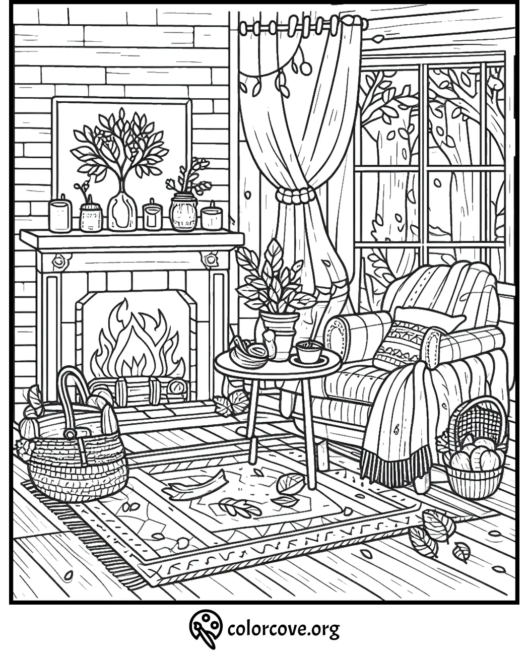 Cozy autumn-themed coloring page with a fireplace, armchair, table, and fall leaves scattered around.