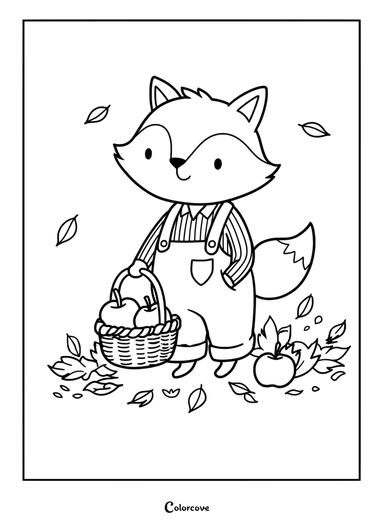 A cute fox wearing overalls holding an apple basket in a fall coloring page with falling leaves.