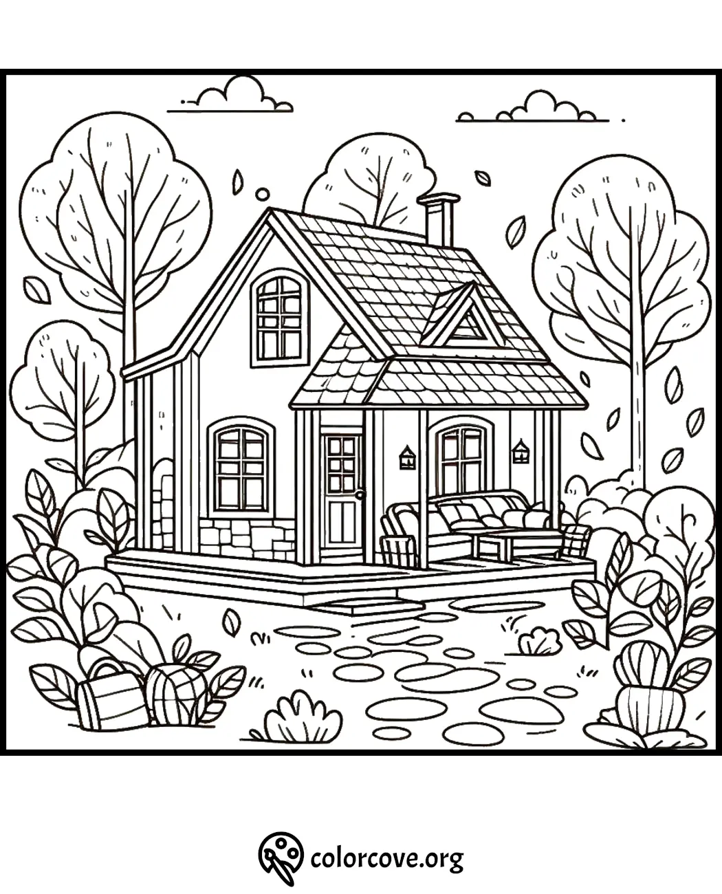 Coloring page of a cozy cottage surrounded by trees and shrubs, perfect for a relaxing and creative activity.