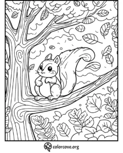 Coloring page of a cute squirrel sitting on a tree branch surrounded by leaves. ColorCove.org on the bottom.